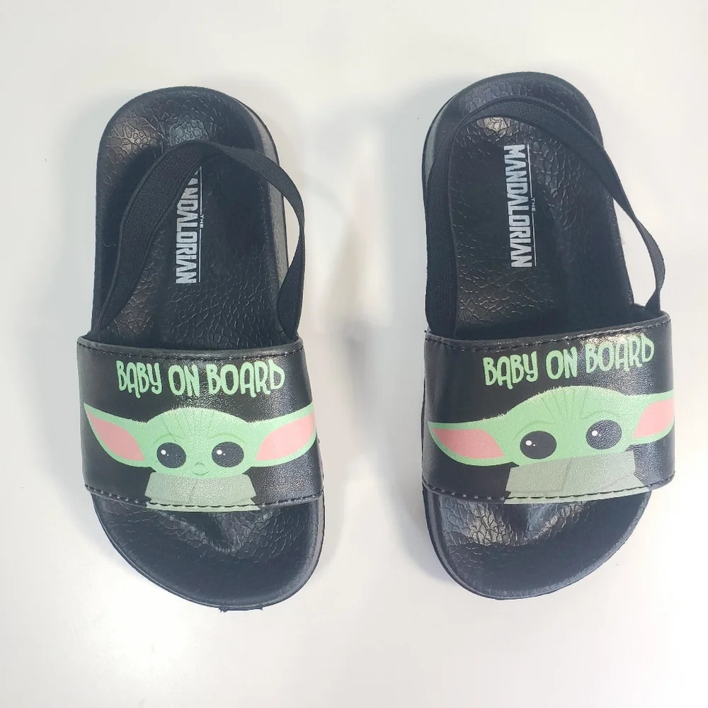 8K BABY YODA ON BOARD Slides Black Green Toddler Size 8K (Unisex)